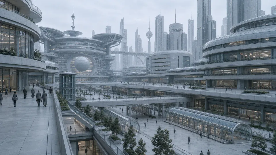 A multilevel living environment in the System with walkways, routes, and small human figures.