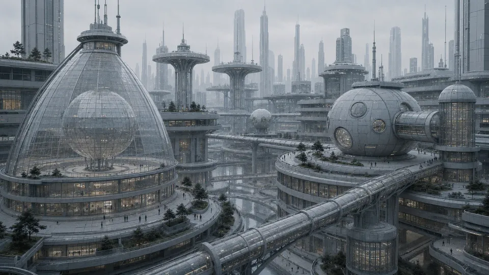 Autonomous architectural complexes connected by walkways and transport infrastructure.