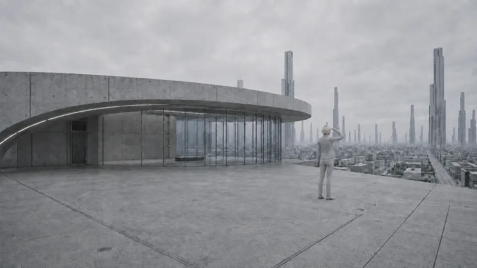 Lea stands on an observation platform, shielding her eyes with one hand as she looks towards the sky.