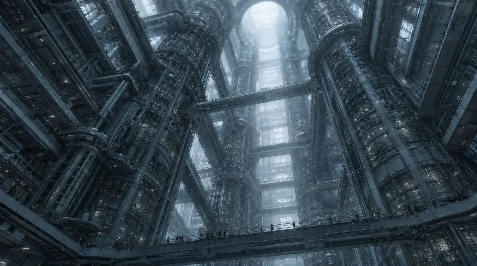 A vertical interior of the System with bridges, multiple levels, and a central band of light.