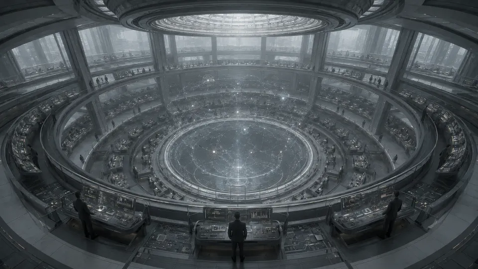 A circular control centre with operators, information tiers, and a central model.