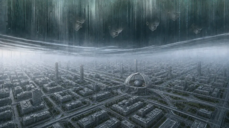 The Membrane unfolds above the city as human faces observe the ordered world of the System.