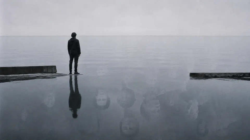 A solitary person stands before calm water in which unfamiliar faces appear instead of an ordinary reflection.