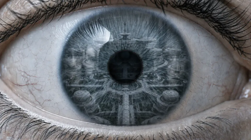 A city is reflected within the iris of a human eye, visually uniting the observer, the world, and the Membrane.