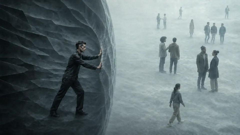 From the dark side, Darian pushes a vast convex shield of Crystallization while people in the brighter CONTINUUM speak and move freely.