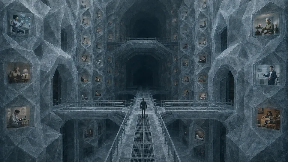 Darian stands at the centre of the structure he created, while separate human realities continue within isolated crystalline cells.