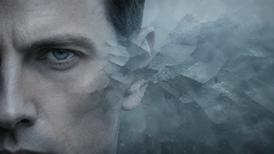 Crystalline planes pass through a human face, merging the external structure with the person’s perception.